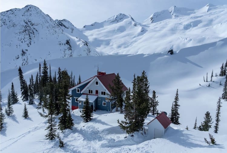 Backcountry hut in the remote mountains in the winter