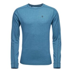 Front view of long sleeve base layer shirt made by Black Diamond. Blue color and for men.