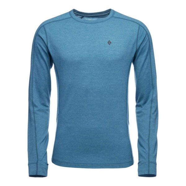 Front view of long sleeve base layer shirt made by Black Diamond. Blue color and for men.