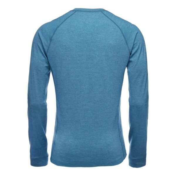 Rear view of long sleeve base layer shirt made by Black Diamond. Blue color and for men.