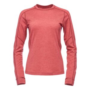 Front view of long sleeve base layer shirt made by Black Diamond. Pink rose color and for women.