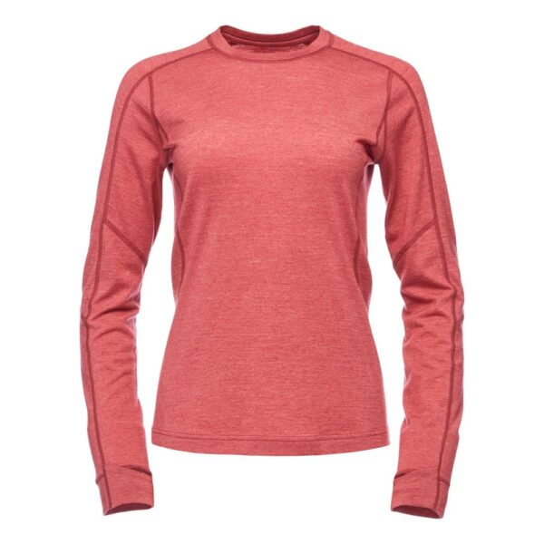 Front view of long sleeve base layer shirt made by Black Diamond. Pink rose color and for women.