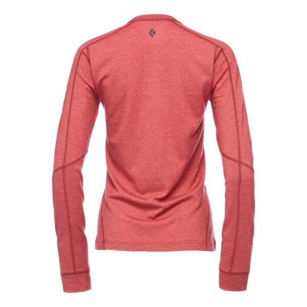 Rear view of long sleeve base layer shirt made by Black Diamond. Pink rose color and for women.