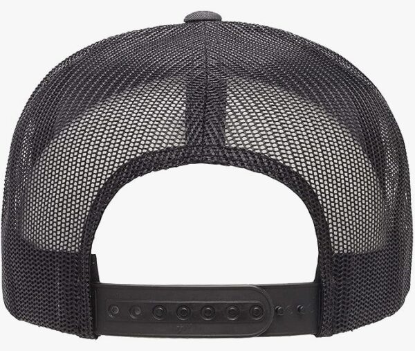 Rear view of snapback trucker hat, black color