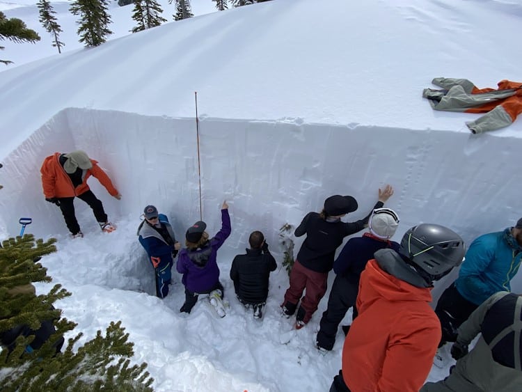 A snow profile 6 meters wide and 2.5 meters deep. Participants are learning about snowpack layering and slab properties through touch.