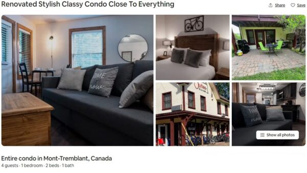 Gallery of condo interior showing living room, bedroom, patio and store. Photo gallery taken from airbnb website.