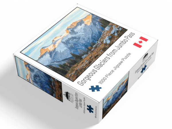 Puzzle Box for the "Gorgeous Glaciers" puzzle featuring the Commander Glacier as seen from Jumbo Pass.