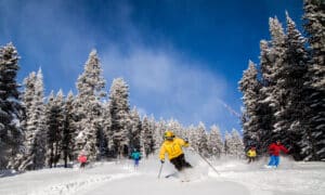 Four skiers in brightly coloured jackets ski down a fresh powder run on a bluebird day.