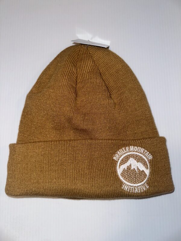 Carhartt brown rib knit toque with a white Braille Mountain Initiative Logo embroidered on the cuff.