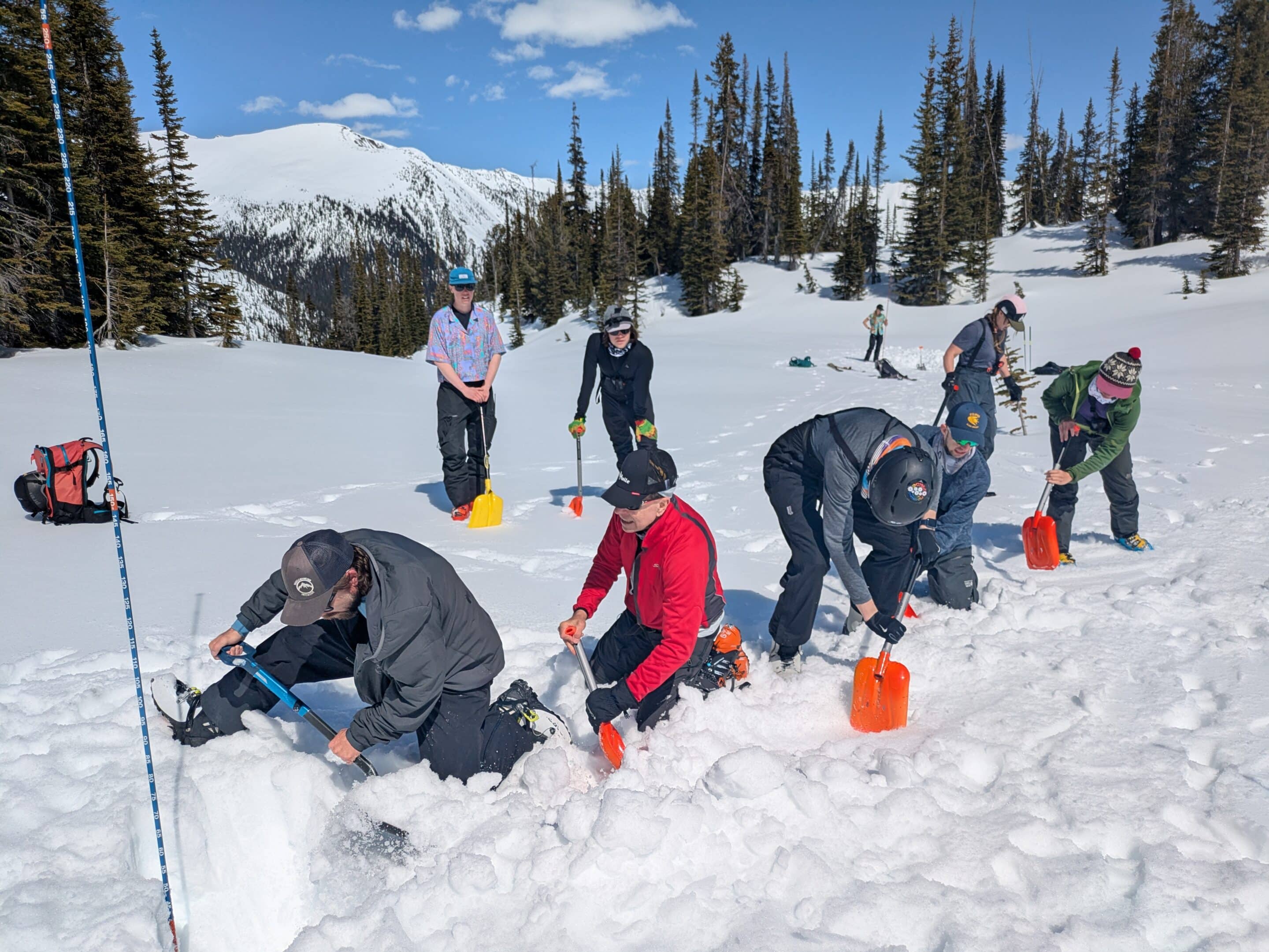 Five participants form a line on their knees as they practice shovelling techniques during a companion rescue practice.