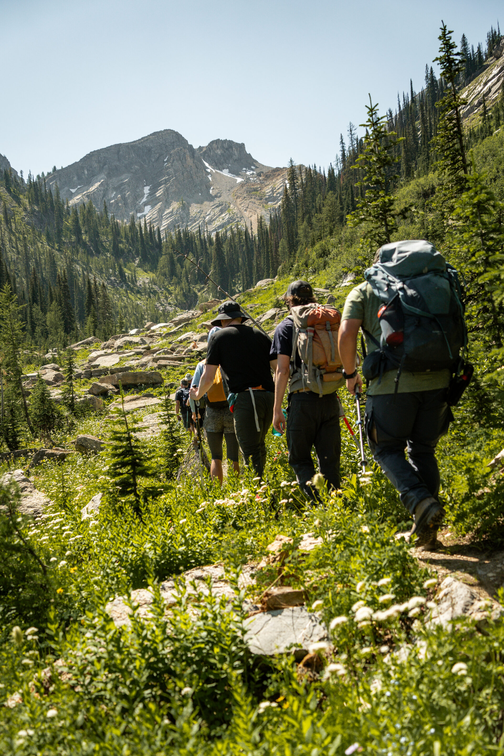 ackside view of 5 hikers travelling through rocky sub-alpine terrain heading towards a stunning mountain peak with small snow patches remaining on it.